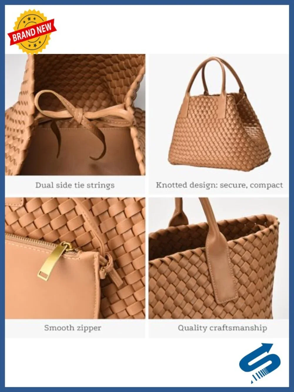 Woven Vegan Leather Tote Bag for Women, Satchel Handbag with Pouch, Fits 14